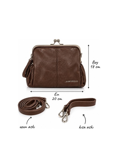 Just Polo Kadın Çift Askılı Çanta 18x20 Cm Fermuarlı Günlük Omuz Ve El Çantası Kahverengi
