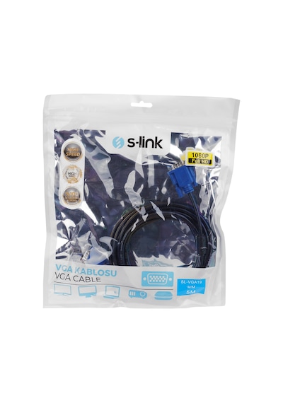 S-lınk Sl-vga19, 15pin, İki Ucu Erkek, 5mt, Vga Kablosu Tek Renk