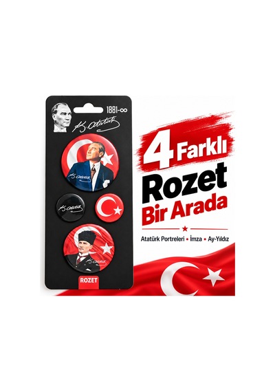 Bakgelal Atatürk 4'lü Rozet Seti Mavi Portre, Türk Bayrağı Ve İmza Tasarımlı - Bgaalk040002 Açık Mavi