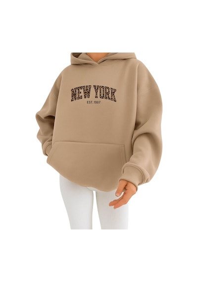 Benroma 3 İplik Penye New York Baskılı Ünisex Kapüşonlu Sweat Bej