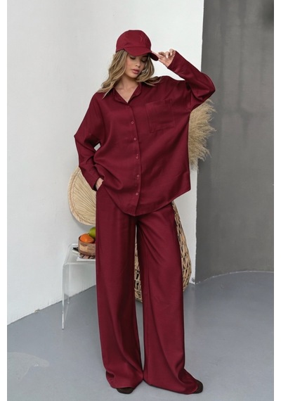 Balenbi Oversize Gömlek Bol Paça Pantolonlu Rahat Kesim Kadın İkili Takım 1201 Bordo