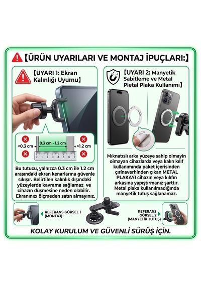 Araç İçi Multimedya Ekran Tipi Mıknatıslı Telefon Tutucu 360 Döner Metal Plaka Dahili Siyah Kıskaçlı Tutacak C38
