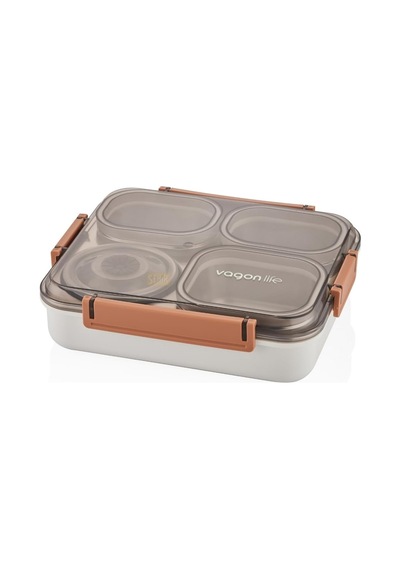 Vagonlife Bento 1200ml Lunchbox Tek Katlı 4 Bölmeli Ve Kaseli Çelik Sefer Tası Yemek Kutusu Gri