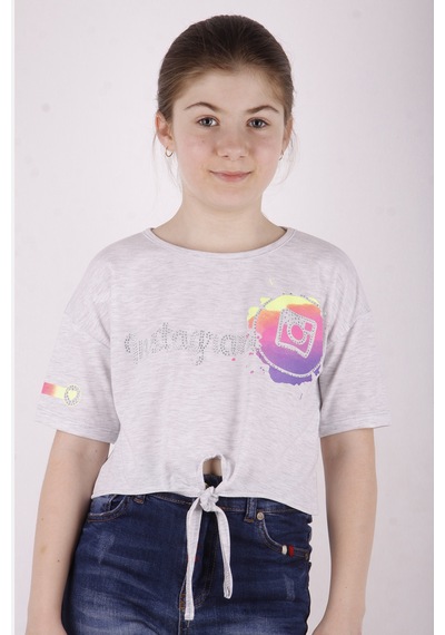 Toontoy Kids Toontoy Kız Çocuk Instagram Baskılı Göbekten Bağlamalı Tişört Gri Melanj