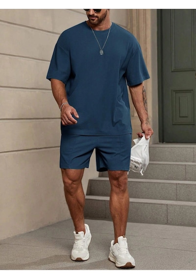 Tarzsokak Manfinity Homme Loose Fit Erkek Düz Renk Düşük Omuz Tişört Ve Şort Takımı Beyaz