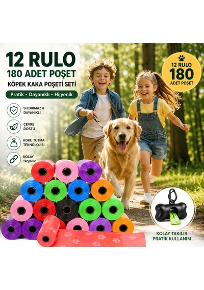 Köpek Kaka Poşeti Seti, 12 Rulo 180 Torba, Dayanıklı Ve Sızdırmaz Atık Torbaları, Çevre Dostu Köpek Dışkı Toplama Poşeti, Evcil Hayvan Tuvalet Temizlik Çözümü