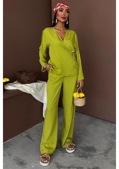Moderie Butik Kruvaze Model Klasik Pantolonlu Çupra Keten Takım 10191 Yeşi L