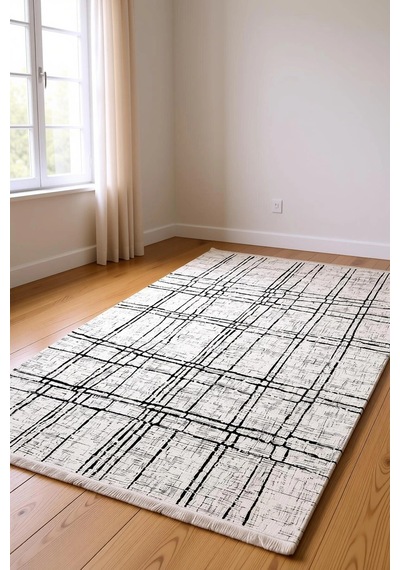 Krem Renk Siyah Çizgi Detaylı Modern Halı Dekoratif Kilim Krem