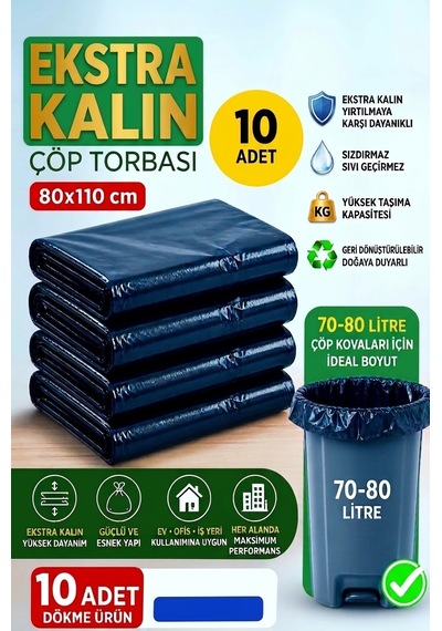 80x110 Cm Extra Kalın Siyah Endüstriyel Çöp Poşeti - 10 Adet / Ağır Hizmet Tipi
