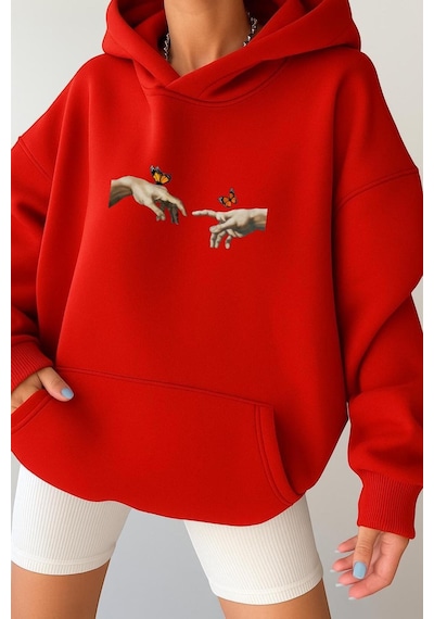 Benroma 3 İplik Penye El Parmak Unisex Kapüşonlu Sweat Kırmızı