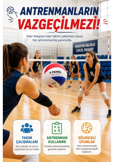 Voleybol Topu 5 No Kırmızı Mavi Soft Touch 8 Panel Dikişli Antrenman Okul Ve Oyun Topu