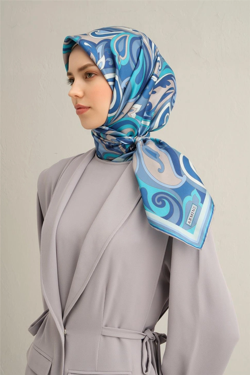 Armine Etnik Desenli Saf İpek Twill Eşarp 9323d 06 Mavi