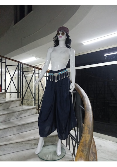 Bohem Stil İtalyan Cepli Keten Şalvar Pantolon Cmn00154 Lacivert
