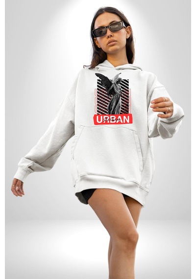 Şehir Sokak Stili Melek Heykeli Kadın Erkek Beyaz Kapüşonlu Sweatshirt Hoodie Beyaz