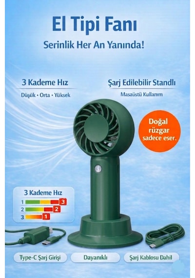 Jasper Sr-0034 Yeşil Taşınabilir Standlı Serinletici Fan 3 Hız Ayarlı , Typ-c Şarjlı Fan Masaüstü Fan Vantilatör 2w-5v/1