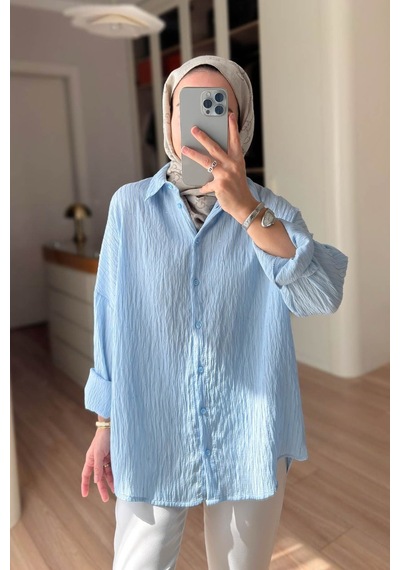 Kahijab Nakışlı Pul Detay Oversize Gömlek - Mavi