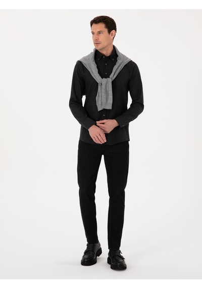 Cacharel Siyah Slim Fit %100 Pamuk Yakası Düğmeli Flanel Gömlek