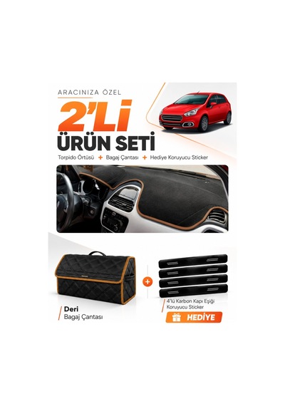 Fıat Punto Evo 2015-2021 Uyumlu Torpido Örtüsü + Deri Bagaj Çantası + Sticker - Siyah Kahverengi
