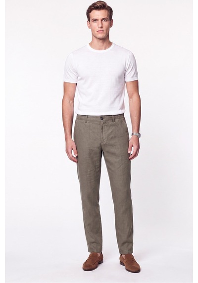 Comfort Fit Beli Lastikli %100 Keten Haki Pantolon P 1215