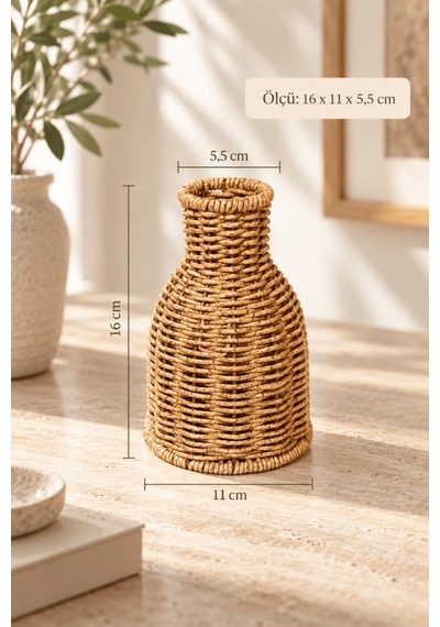Atbyhome Doğal Hasır Rattan Çiçek Vazosu 16 Cm - Masa Üstü Dekoratif El Örgüsü Küçük Kuru Çiçeklik Vazo Kahverengi