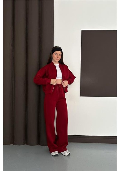 Neşeli Butik Kadın Fermuarlı 3 İplik Eşofman Takımı Nbesf01 Bordo
