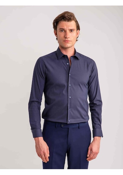 Dufy Lacivert Erkek Ekstra Slim Fit Düz Brent Yaka Uzun Kol Gömlek - 62471-lacivert Lacivert