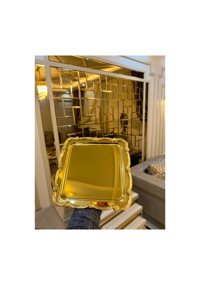 Tek Kişilik Döküm Gold Güllü Çay Kahve Sunum Söz Tepsisi 6 Adet Sarı
