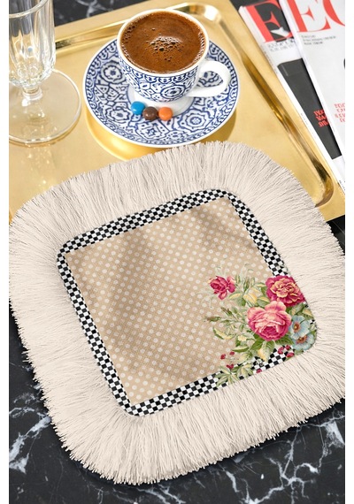 Vintage Çiçekli Saçaklı Sunum Peçetesi - Pastoral Romantik Bohem Bej Pembe Bardak Altlığı Mendil