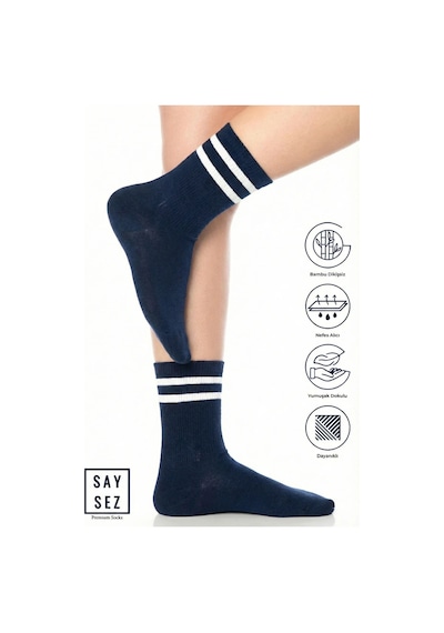 Saysez Bambu Unisex Tenis Kolej Çizgili Lacivert Premium Dikişsiz Soket Çorap Lacivert