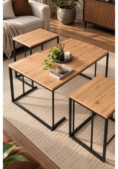 Sulorahome Kahverengi Çam Desenli 3'lü Sehpa Seti Atlantik Çam