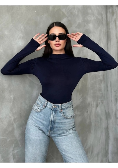 %95 Pamuklu Parmak Geçmeli Kadın Body Esnek Kumaş Lacivert