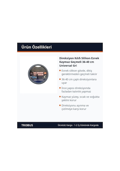 Trobus Honda City 2021 Ve Sonrası Uyumlu Direksiyon Kılıfı Silikon Geçmeli 36-40 Cm Gri