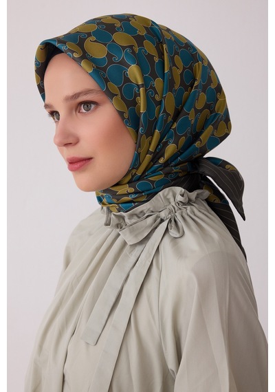 Belli Etnik Desen %100 Twill İpek Eşarp Be22 Haki-petrol