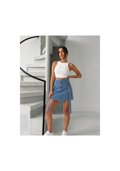 Bluemarlin Mavi Kargo Cep Kuşaklı Denim Kot Etek Mavi