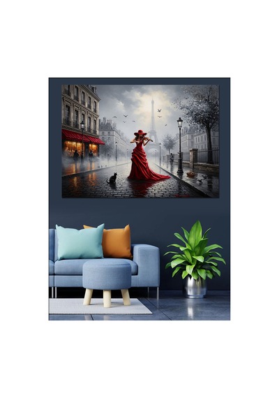 Yağmurlu Paris Caddesi Kırmızı Elbise Yağlı Boya Dokulu Kanvas Tablo Canvas Tablosu