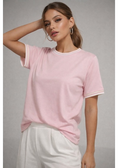 Kadın Pembe Bisiklet Triko Yaka Kısa Kollu Basic T-shirt Pembe