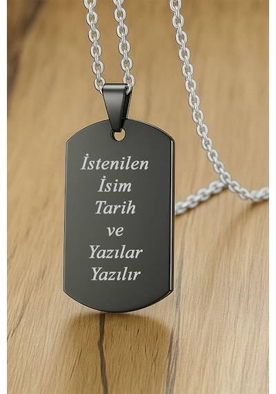Kişiye Özel İsim Tarih Yazı Yazılı Asker Künyesi Çelik Erkek Bayan Kolye Eck60 Siyah