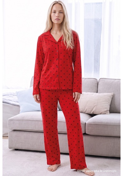 Siyah İnci Kırmızı Yıldız Desenli Termal Kumaşlı Ultra Soft Yumuşak Düğmeli Örme Pijama Takımı 26226124