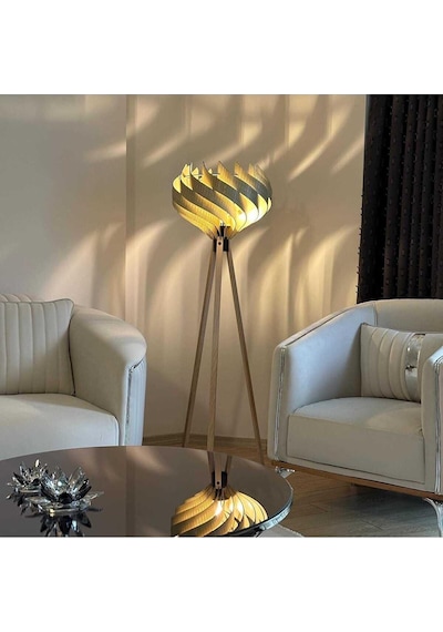 Ahşap Tripod Lambader, Modern Dekoratif Salon Lambası, Krem Renk 3 Ayaklı Ayaklı Lamba, Oturma Odası Yatak Odası K Çok Renkli