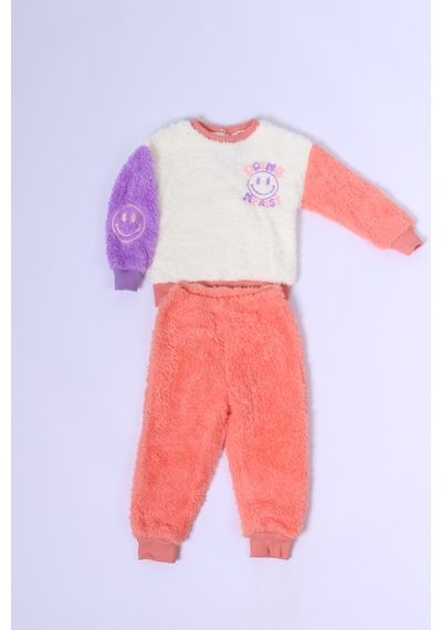 Hçm Çocuk Peluş Alt-üst Takım Baskılı Kolları Renkli D23 Turuncu