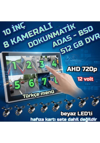 8 Adet Beyaz Ledli Ahd 720p Kelebek Kamera 10 İnç 8 Ch Dokunmatik Ekran 512 Gb Dvr Adas Bsd 12 Volt