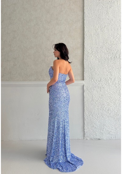 Feminist Bebe Mavi Önü Taş Detaylı Yırtmaçlı Pul Payet Straplez Abiye 0801163.449