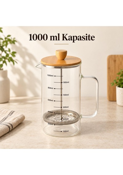 Bambu Kapaklı French Press, 1000 Ml Ölçülü Borosilikat Cam Filtre Kahve Ve Bitki Çayı Demliği, Cam Kulplu Diğer