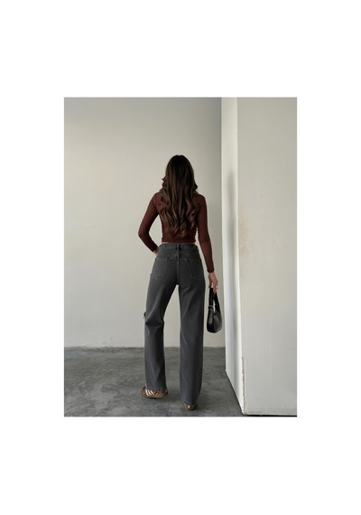 Blue Marlın Çift Diz Lazer Yırtık Boyfriend Bol Paça Jeans Siyah