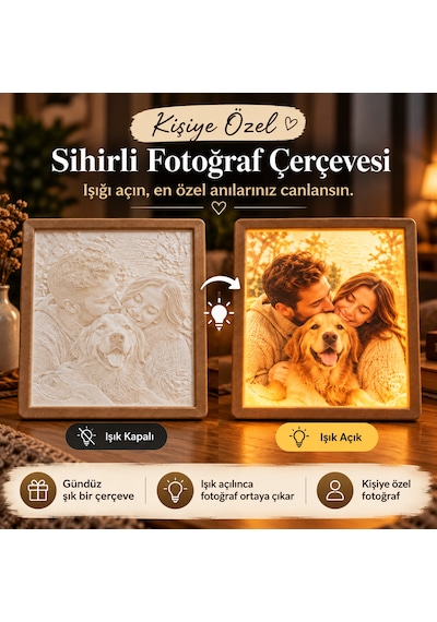 Kişiye Özel Sihirli Fotoğraf Çerçevesi Led Gece Lambası Lithophane Çok  Renkli