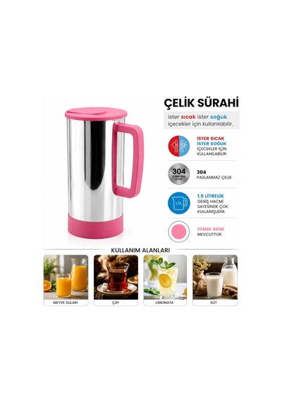 Pembe - Paslanmaz Çelik Sıcak - Soğuk Çelik Sürahi Bx40