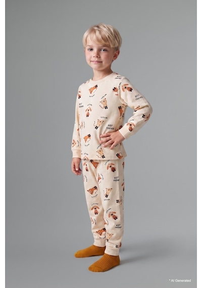 Defacto Uzun Kollu Bisiklet Yaka Üst Jogger Alt Hayvan Baskılı 2li Pijama Takımı Erkek Bebek H6537a526aubg734 Bej-bg734