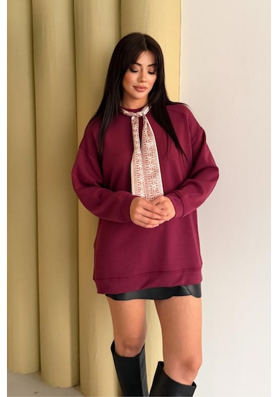 Balenbi Premium Modal Fular Detaylı Bisiklet Yaka Oversize Tunik 1177 Bordo