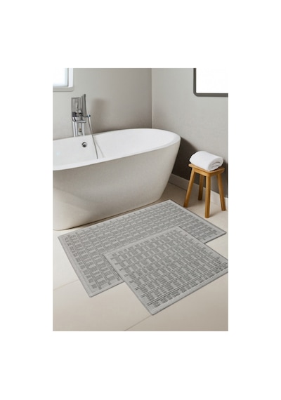 Naturel Pamuklu Kilim Yıkanabilir Banyo Paspası Halısı 2'li Klozet Takımı 60x100-50x60cm Gri