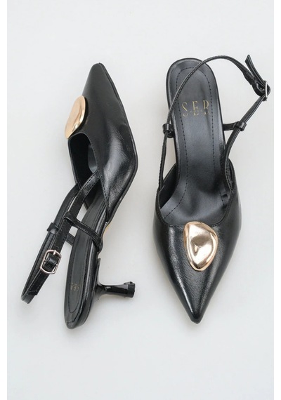Sermoda Topuklu Kadın Ayakkabı - 5 Cm İnce Topuklu Sivri Burun Arka Açık Stiletto Ayakkabı Siyah Yanki
